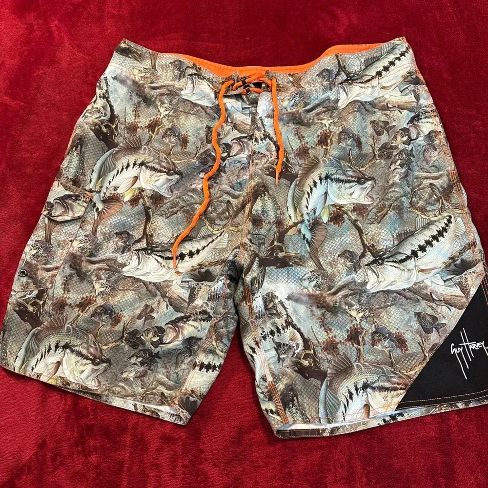 Guy Harvey AFTCO Bass Fishing Camo Board Shorts Mens 38 Swim Trunks AOP‎